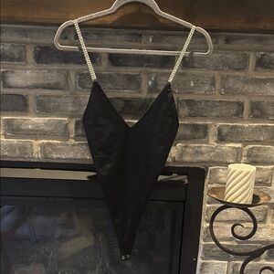 Black bodysuit with rhinestone straps